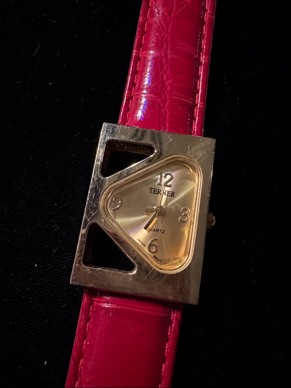 Terner Gold-Tone Triangle Dial Watch with Red Strap